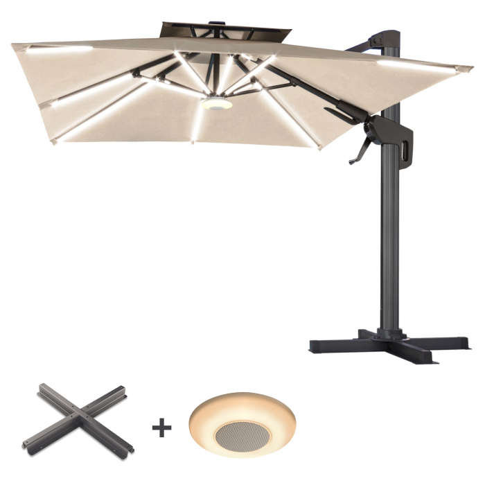 SUN PIETRO | Parasol | Carré | L:P 300 x 300 cm | Taupe | LED | +Support & Boîte à musique