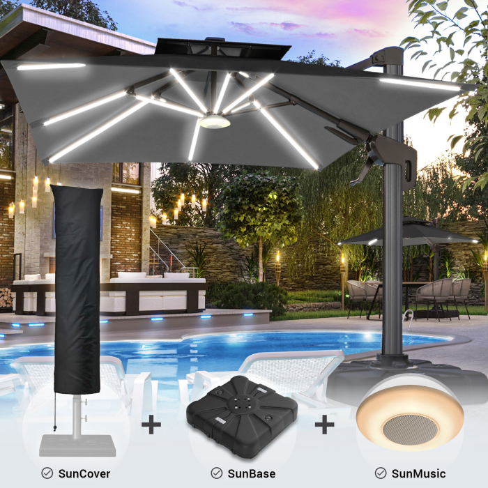 SUN PIETRO | Sonnenschirm | Quadratisch | B:T 300 x 300 cm | Schwarz | LED | +Ständer, Musikbox & Hülle