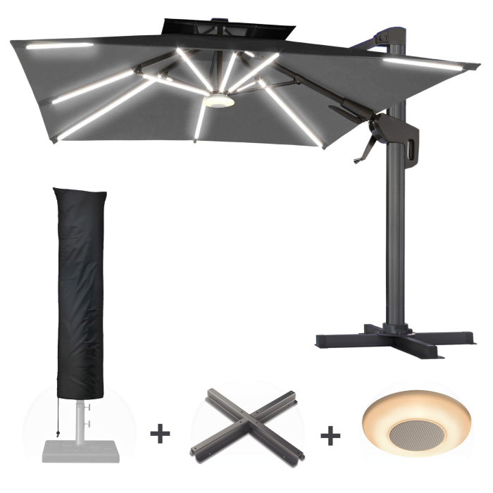 SUN PIETRO | Sonnenschirm | Quadratisch | B:T 300 x 300 cm | Schwarz | LED | +Ständer, Musikbox & Hülle