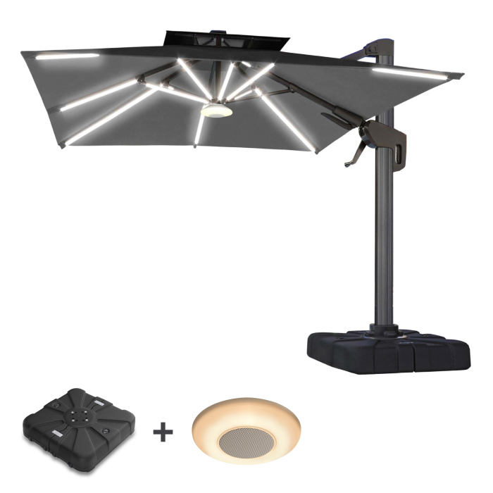 SUN PIETRO | Sonnenschirm | Quadratisch | B:T 300 x 300 cm | Schwarz | LED | +Ständer & Musikbox