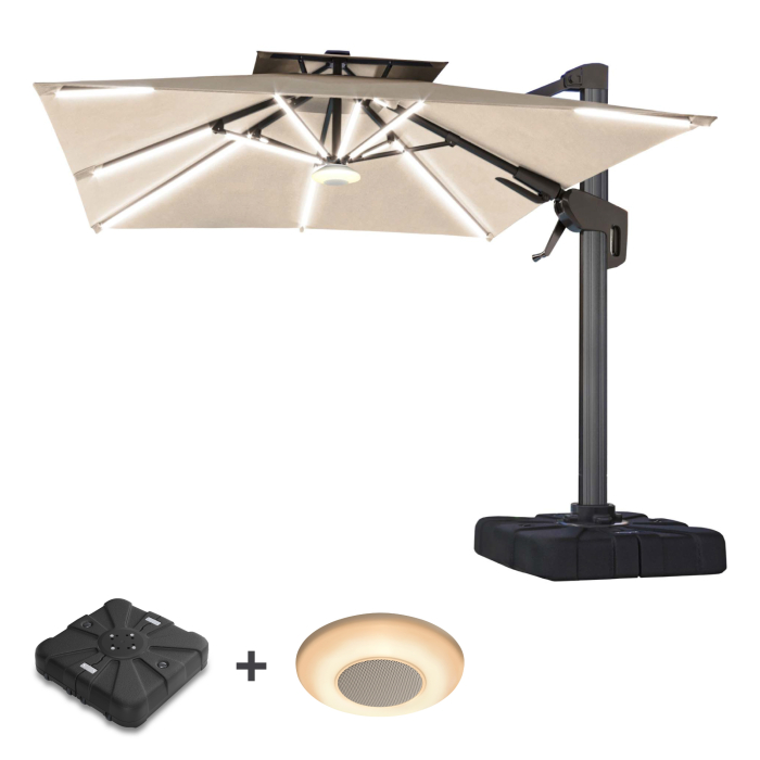 SUN PIETRO | Sonnenschirm | Quadratisch | B:T 300 x 300 cm | Taupe | LED | +Ständer & Musikbox