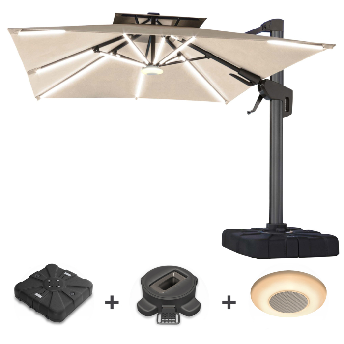 SUN PIETRO | Sonnenschirm | Quadratisch | B:T 300 x 300 cm | Taupe | LED | +Ständer, Schwenkfuß & Musikbox