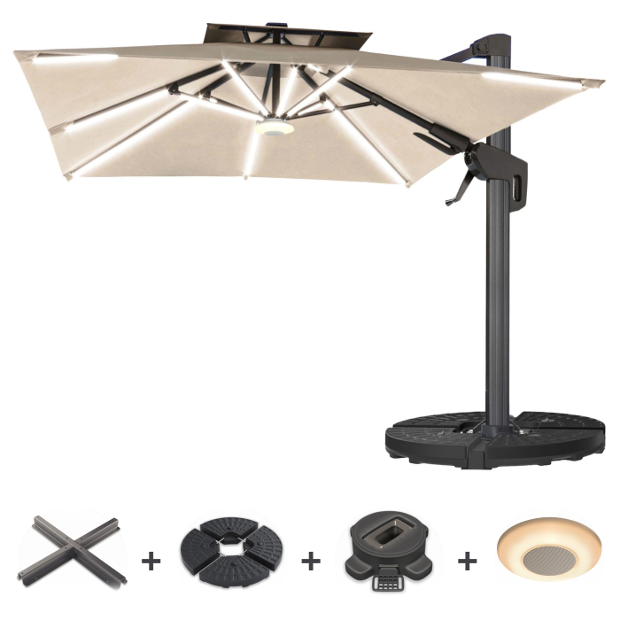 SUN PIETRO | Sonnenschirm | Quadratisch | B:T 300 x 300 cm | Taupe | LED | +Ständer, Schwenkfuß & Musikbox