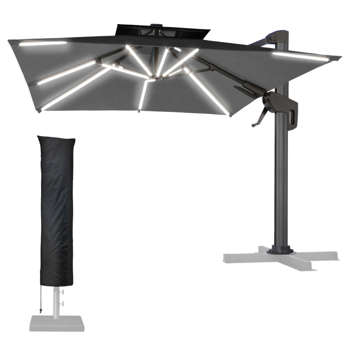 SUN PIETRO | Ombrellone | Quadrato | B:T 300 x 300 cm | Nero | LED | +copertura protettiva