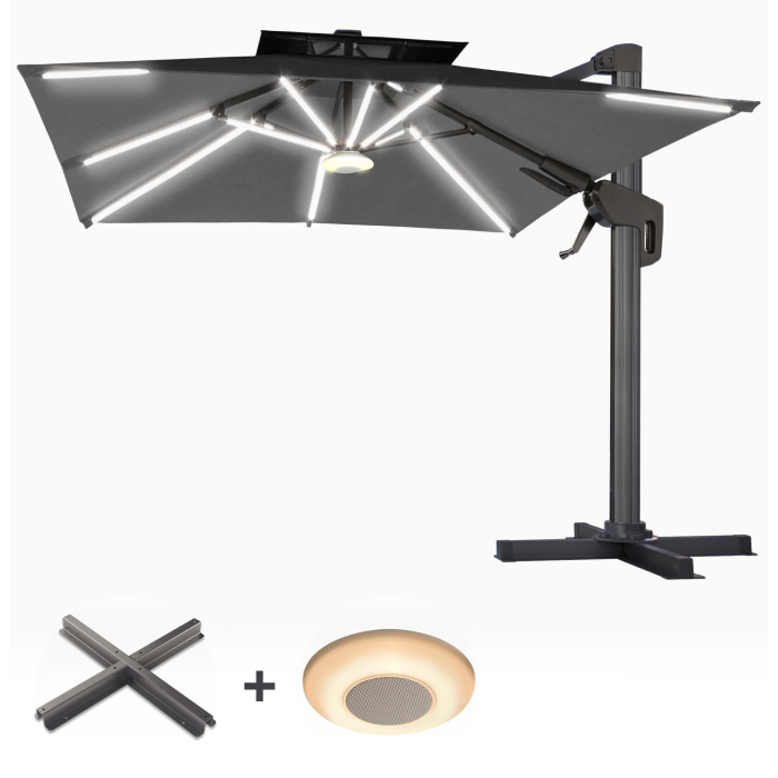 SUN PIETRO | Ombrellone | Quadrato | B:T 300 x 300 cm | Nero | LED | +Supporto & carillon