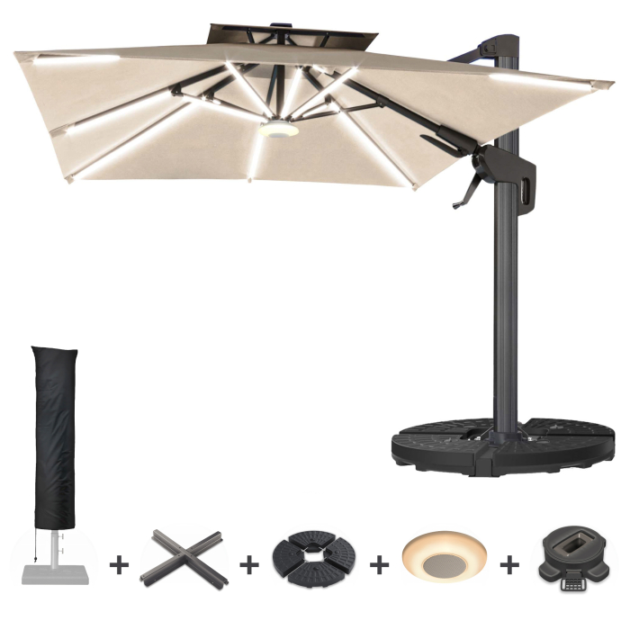 SUN PIETRO | Ombrellone | Quadrato | B:T 300 x 300 cm | Taupe | LED | +Supporto, piede girevole, carillon & copertura protettiva