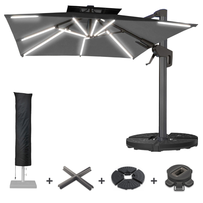 SUN PIETRO | Parasol | Square | B:T 300 x 300 cm | Black | LED | +Stand, Swivel base & Cover