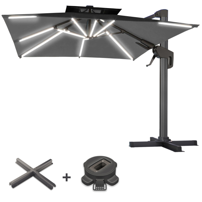SUN PIETRO | Parasol | Square | B:T 300 x 300 cm | Black | LED | +Stand & Swivel base