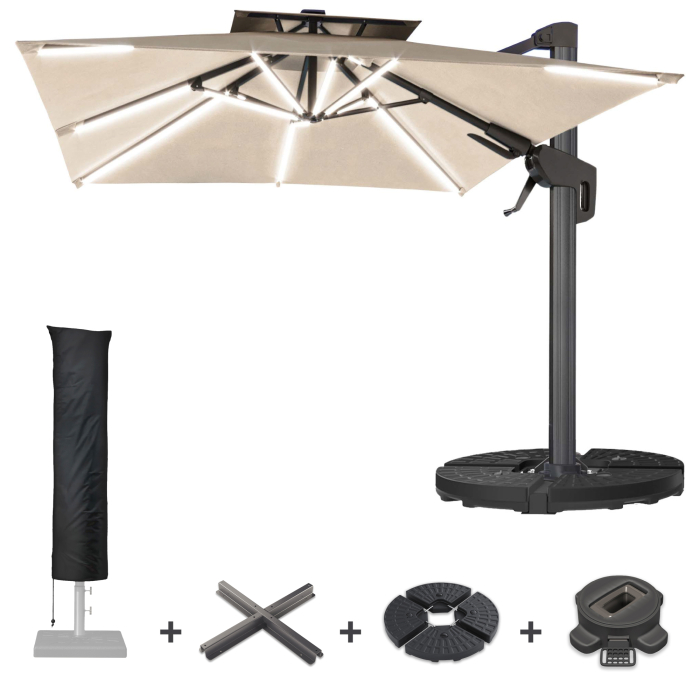 SUN PIETRO | Parasol | Square | B:T 300 x 300 cm | Taupe | LED | +Stand, Swivel base & Cover