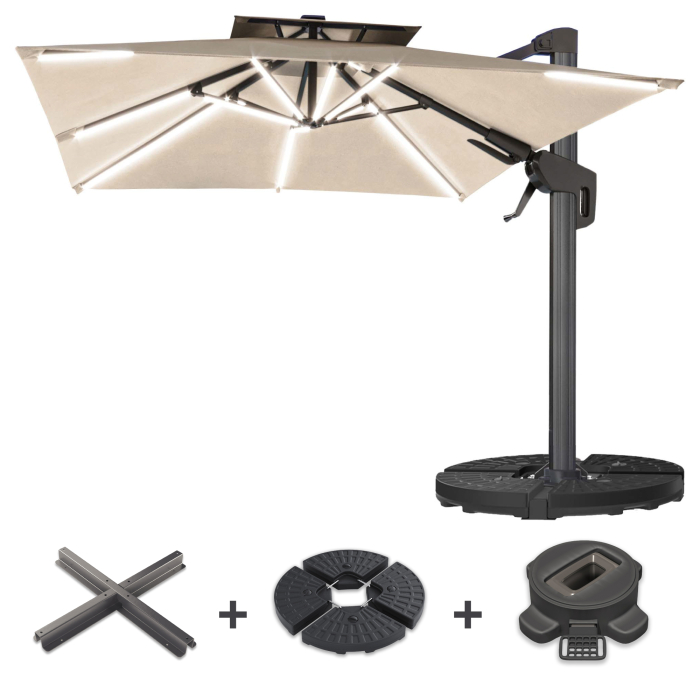 SUN PIETRO | Parasol | Square | B:T 300 x 300 cm | Taupe | LED | +Stand & Swivel base