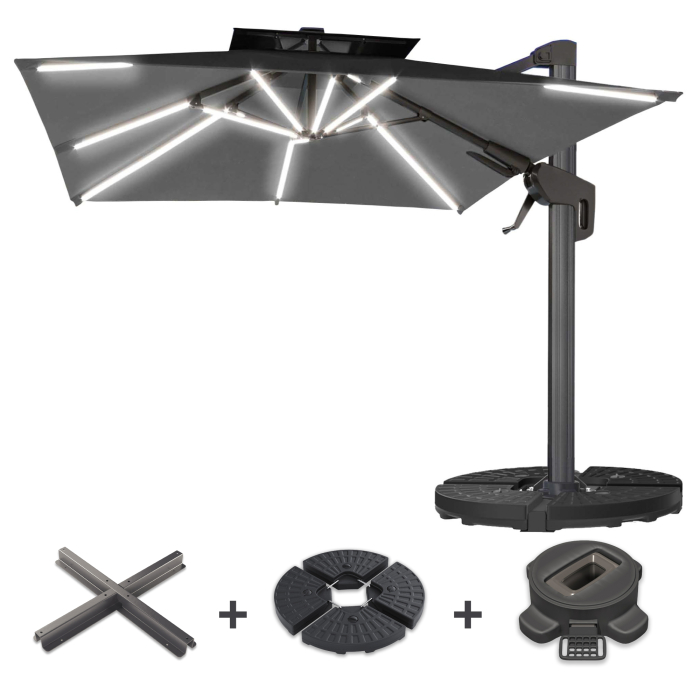 SUN PIETRO | Parasol | Vierkant | B:T 300 x 300 cm | Zwart | LED | +Stand & Draaivoet