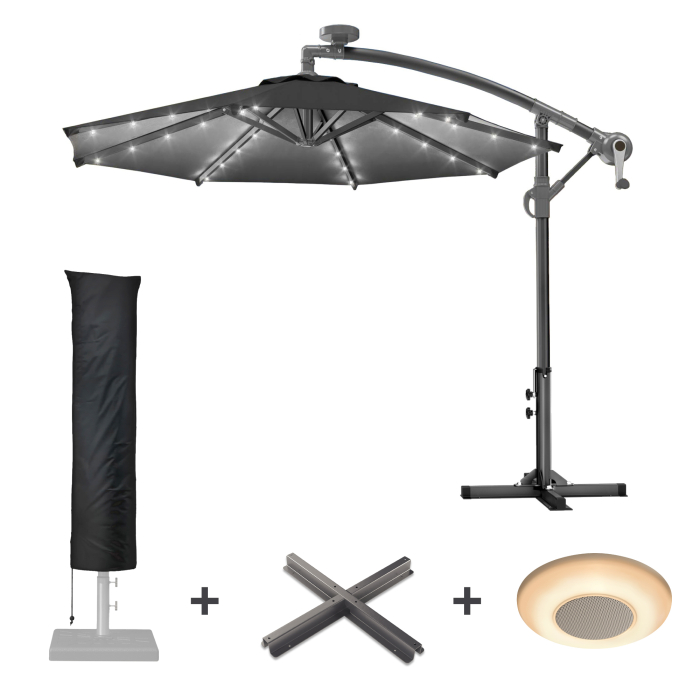 SUNSET | Sonnenschirm | Rund | Ø 300 cm | Schwarz | LED | +Ständer & Hülle
