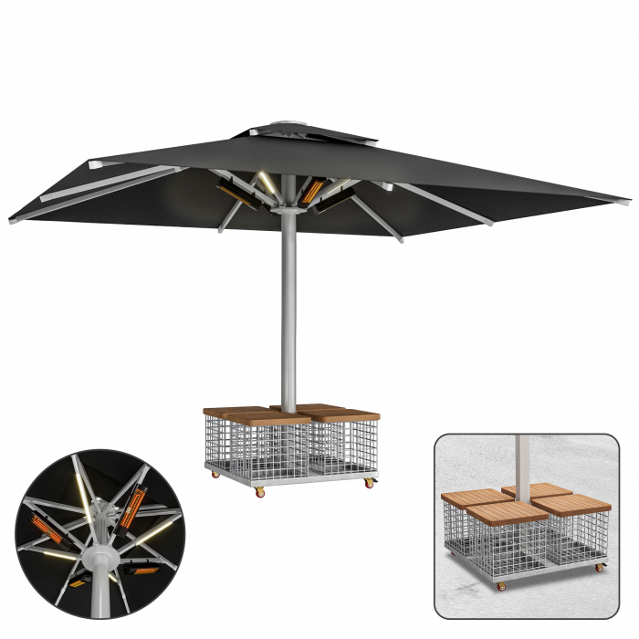 SUN LEON | Gastro Aurinkovarjo Premium | B:T 400 x 500 cm | Musta | LED + Lämmitys 230V + Teräskori | Suorakulmainen