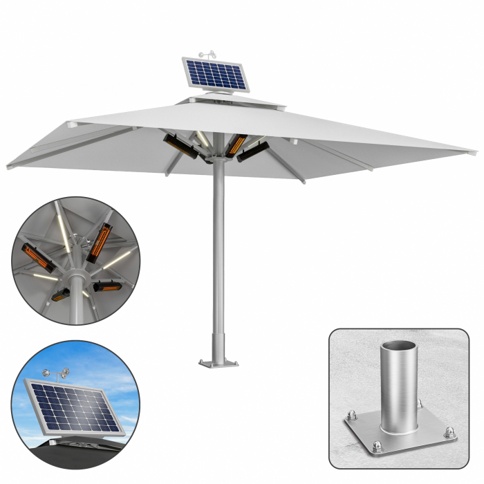 SUN LEON | Gastro Aurinkovarjo Premium | B:T 500 x 600 cm | Harmaa | LED + Lämmitys 230V + Moottori + Ankkurilevy | Suorakulmainen