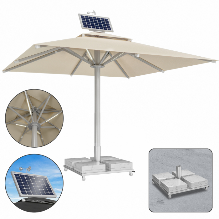SUN LEON | Gastro Aurinkovarjo Premium | K: 600 x 600 cm | Taupe | LED + Moottori + Marmori Varjonjalka 260 kg | Neliömäinen