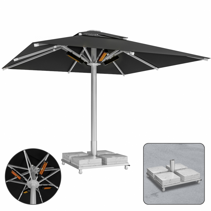 SUN LEON | Gastro Parasoll Premium | B:T 500 x 500 cm | Zwart | Verwarming 230V + Marmeren parasolstandaard 260 kg | Vierkant