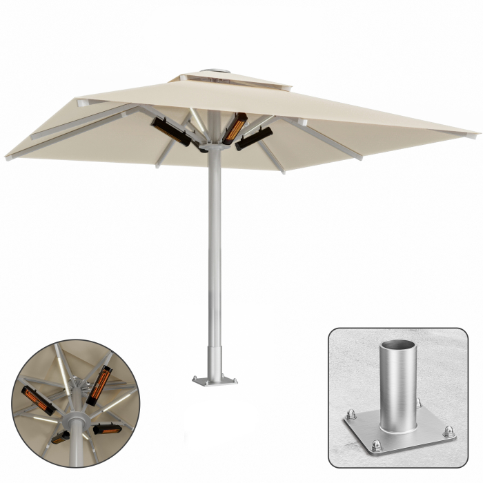 SUN LEON | Gastro Solparasol Premium | B:T 500 x 500 cm | Taupe | LED + Varmemodul 230V + Ankerplade | Kvadratisk