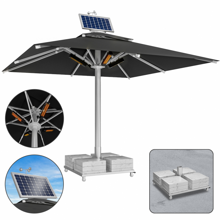 SUN LEON | Gastro Solskærm Premium | B:T 500 x 500 cm | Sort | Varme 230V + Motor + Marmor Skærmstand 320 kg | Firkantet