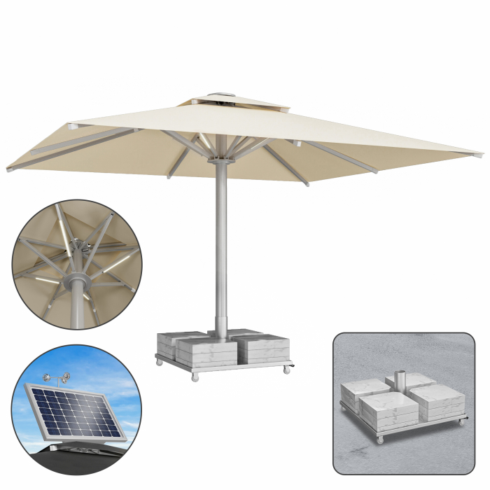 SUN LEON | Gastro Solskærm Premium | B:T 500 x 600 cm | Taupe | LED + Motor + Marmor Skærmstand 320 kg | Rektangulær