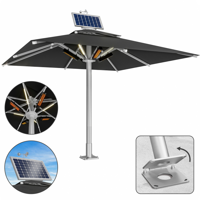 SUN LEON | Gastro Solskærm Premium | B:T 600 x 600 cm | Sort | LED + Opvarmning 230V + Motor + Ankermøtrik Hængsel | Firkantet