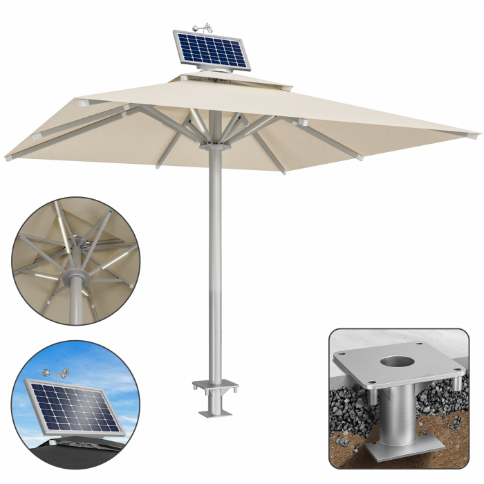 SUN LEON | Gastro Solskärm Premium | B:T 400 x 400 cm | Taupe | LED + Motor + Ankarlåda | Fyrkantig