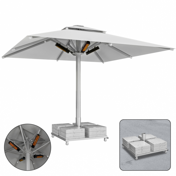 SUN LEON | Gastro Solskärm Premium | B:T 500 x 500 cm | Grå | Värme 230V + Marmor Skärmstativ 320 kg | Fyrkantig