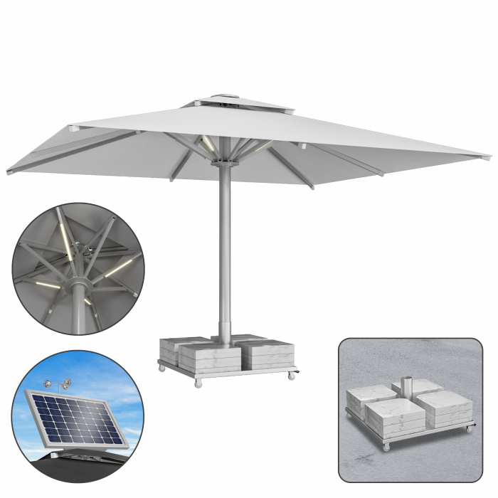 SUN LEON | Gastro Solskärm Premium | B:T 500 x 600 cm | Grå | LED + Motor + Marmor Skärmställ 320 kg | Firkantig