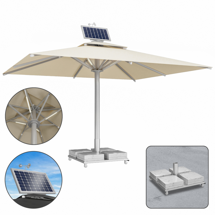 SUN LEON | Gastro Solskärm Premium | B:T 500 x 600 cm | Taupe | LED + Motor + Marmor Skärmstativ 260 kg | Rektangulär
