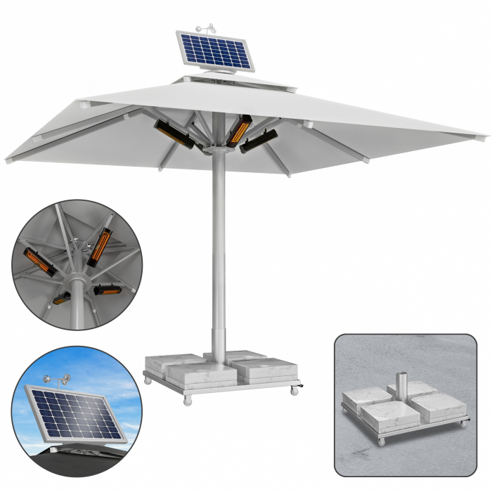 SUN LEON | Gastro Solskärm Premium | B:T 600 x 600 cm | Grå | Värme 230V + Motor + Marmor Skärmstativ 260 kg | Fyrkantig