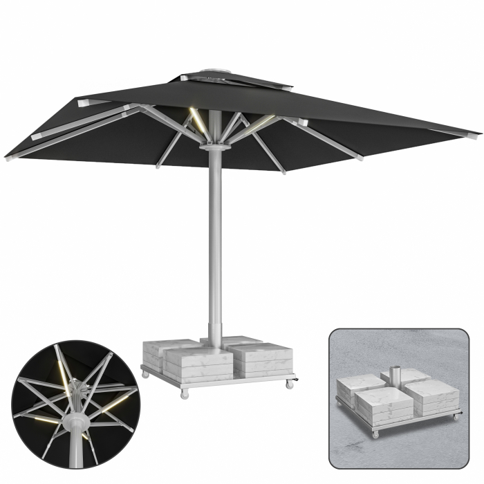 SUN LEON | Gastro Solskärm Premium | B:T 600 x 600 cm | Svart | LED + Marmor Skärmstativ 320 kg | Fyrkantig