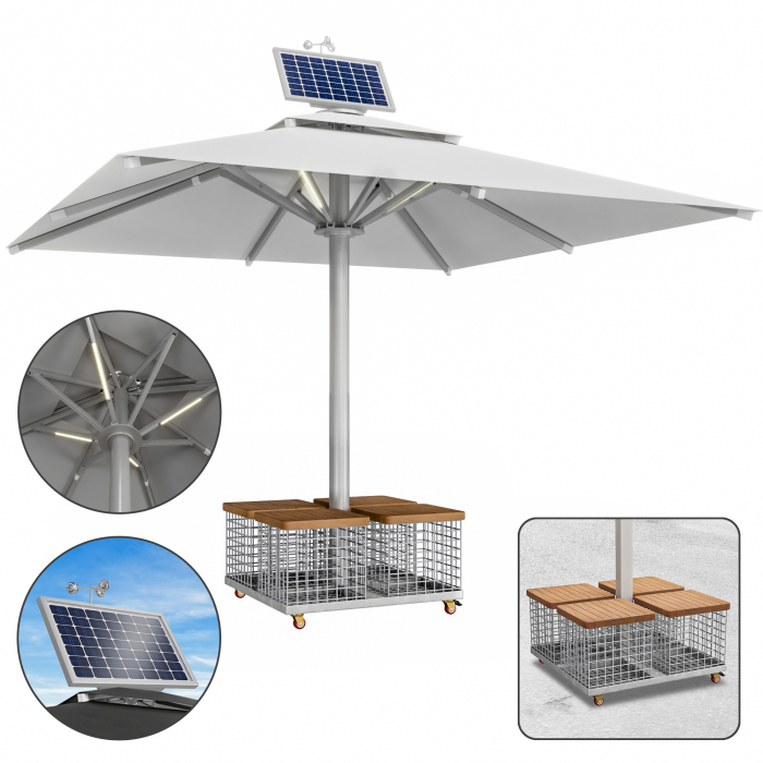 SUN LEON | Gastro Solskjerm Premium | B:T 400 x 400 cm | Grå | LED + Motor + Stålkorg | Kvadratisk