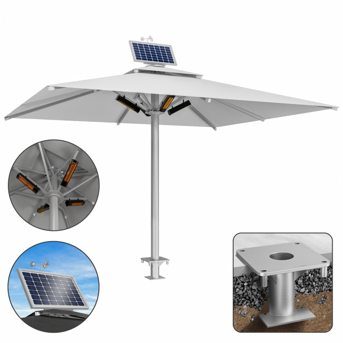 SUN LEON | Gastro Solskjerm Premium | B:T 400 x 500 cm | Grå | Varmeapparat 230V + Motor + Ankerhylse | Rektangulær