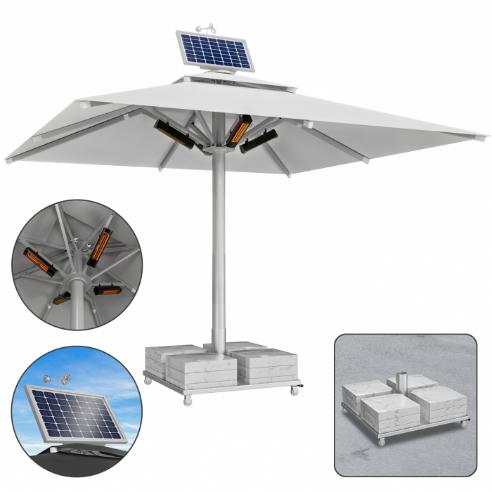SUN LEON | Gastro Solskjerm Premium | B:T 500 x 500 cm | Grå | Varme 230V + Motor + Marmor Skjermstativ 320 kg | Firkantet