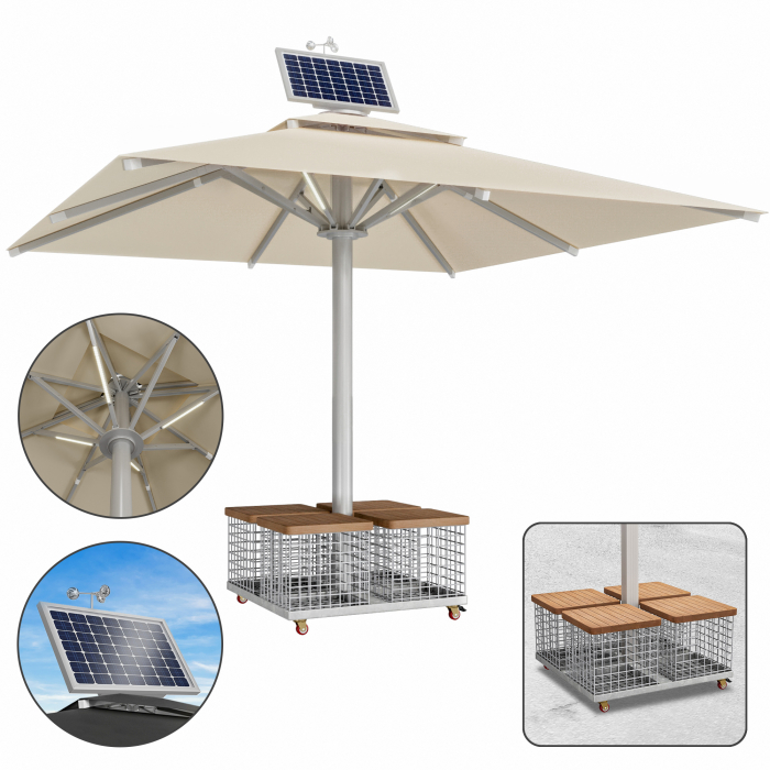 SUN LEON | Gastro Solskjerm Premium | B:T 600 x 600 cm | Taupe | LED + Motor + Stålkurv | Firkantet