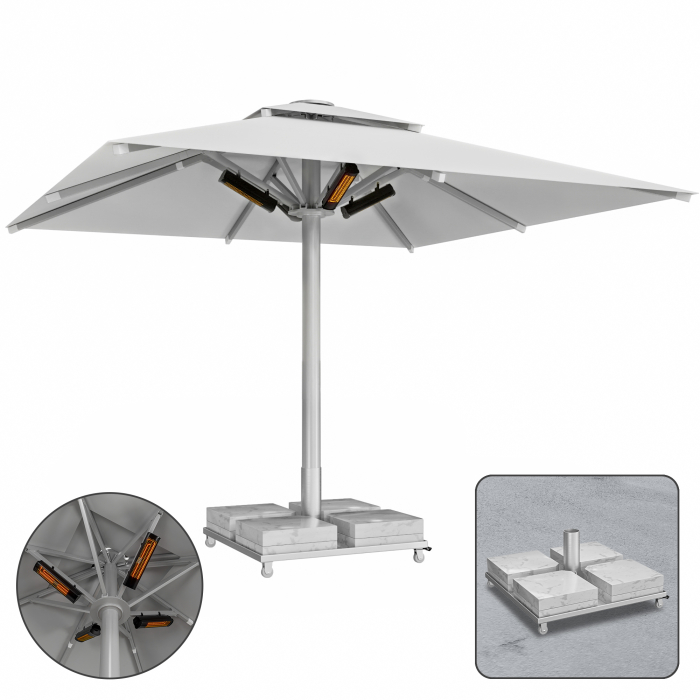 SUN LEON | Parasol Gastro Premium | B:T 400 x 400 cm | Gris | Chauffage 230V + Socle en marbre 260 kg | Carré
