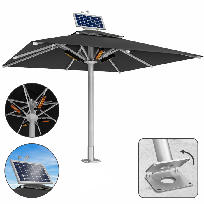 SUN LEON | Gastro Sonnenschirm Premium | B:T 400 x 400 cm | Schwarz | Heizung 230V + Motor + Ankerplatte Scharnier | Quadratisch