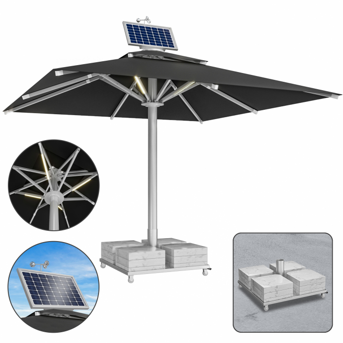 SUN LEON | Parasol Gastro Premium | B:T 400 x 400 cm | Noir | LED + Moteur + Socle en marbre 320 kg | Carré