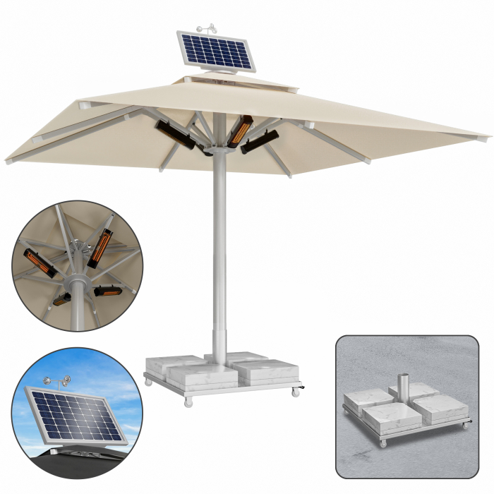 SUN LEON | Parasol Gastro Premium | B:T 400 x 400 cm | Taupe | Chauffage 230V + Moteur + Socle en marbre 260 kg | Carré