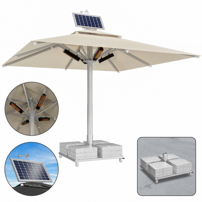 SUN LEON | Gastro parasol Premium | B:T 400 x 400 cm | Taupe | Verwarming 230V + Motor + Marmeren parasolstandaard 320 kg | Vierkant