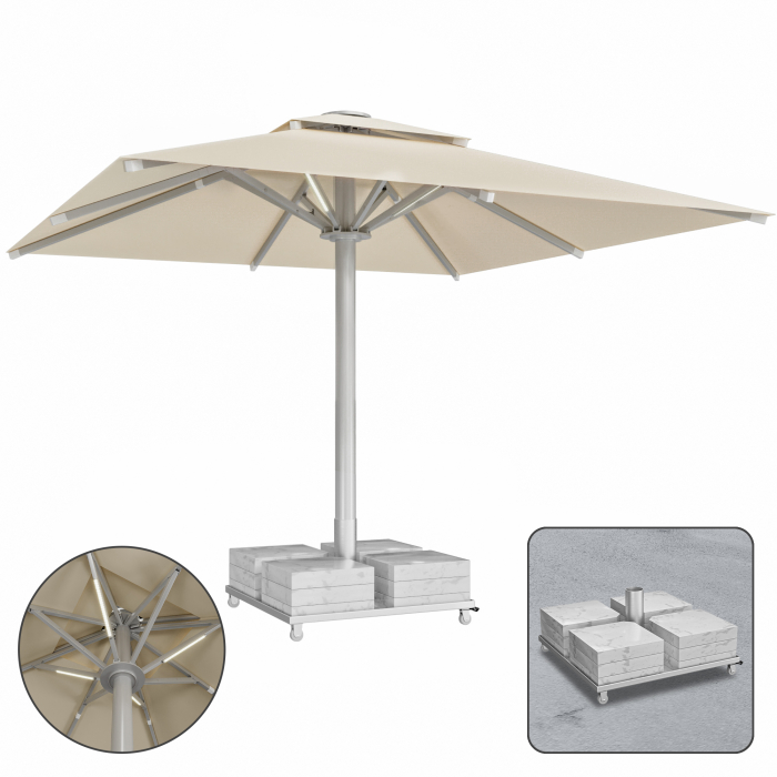SUN LEON | Parasol Gastro Premium | B:T 400 x 400 cm | Taupe | LED + Socle en marbre 320 kg | Carré