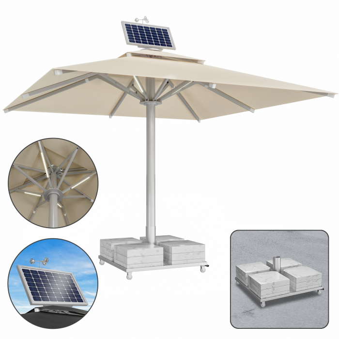 SUN LEON | Parasol Gastro Premium | B:T 400 x 400 cm | Taupe | LED + Moteur + Socle en marbre 320 kg | Carré