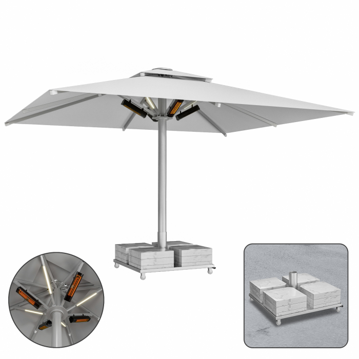 SUN LEON | Gastro Sonnenschirm Premium | B:T 400 x 500 cm | Grau | LED + Heizung 230V + Marmor Schirmständer 320 kg | Rechteckig