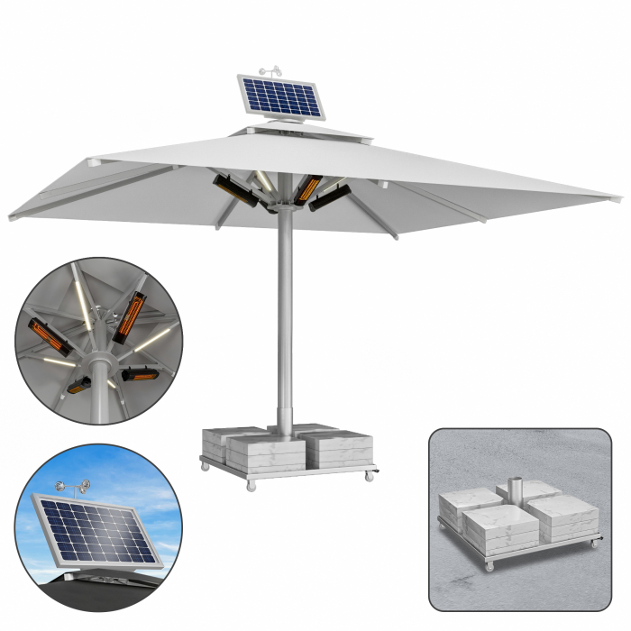SUN LEON | Gastro Zonnenscherm Premium | B:T 400 x 500 cm | Grijs | LED + Verwarming 230V + Motor + Marmeren parasolstandaard 320 kg | Rechthoekig
