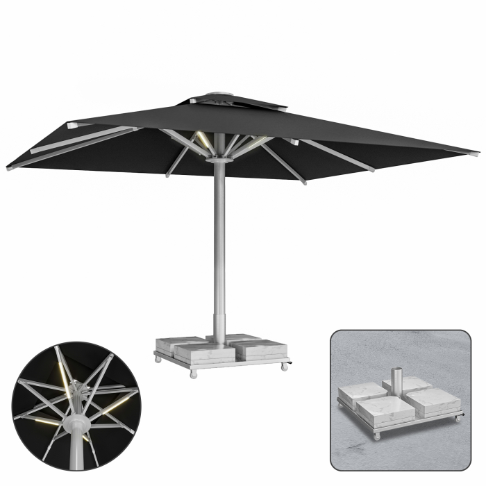 SUN LEON | Parasol Gastro Premium | B:T 400 x 500 cm | Noir | LED + Socle en marbre 260 kg | Rectangulaire