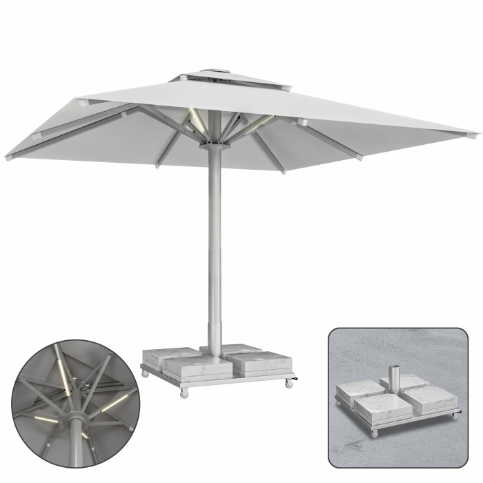 SUN LEON | Gastro Sonnenschirm Premium | B:T 500 x 500 cm | Grau | LED + Marmor Schirmständer 260 kg | Quadratisch