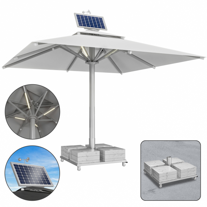 SUN LEON | Gastro Sonnenschirm Premium | B:T 500 x 500 cm | Grau | LED + Motor + Marmor Schirmständer 320 kg | Quadratisch