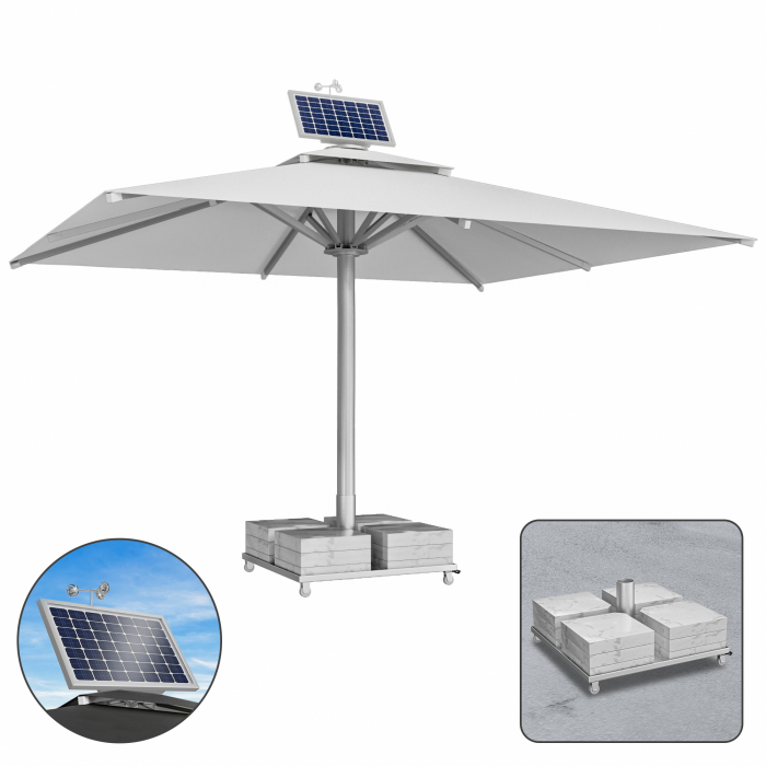 SUN LEON | Gastro Parasolkamp Premium | B:T 500 x 600 cm | Grijs | Motor + Marmer Parasolvoet 320 kg | Rechthoekig