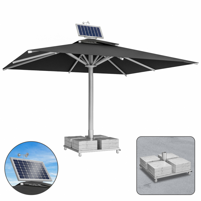 SUN LEON | Gastro Sonnenschirm Premium | B:T 500 x 600 cm | Schwarz | Motor + Marmor Schirmständer 320 kg | Rechteckig