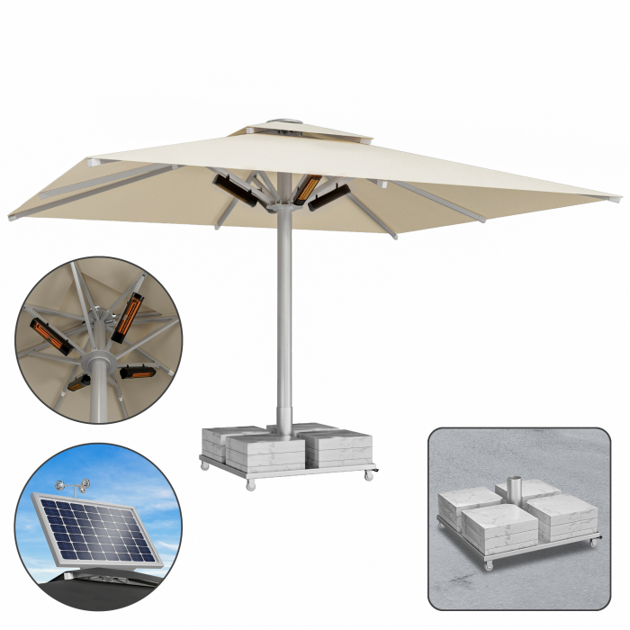 SUN LEON | Parasol Gastro Premium | L: 500 x 600 cm | Taupe | Chauffage 230V + Moteur + Socle en marbre 320 kg | Rectangulaire