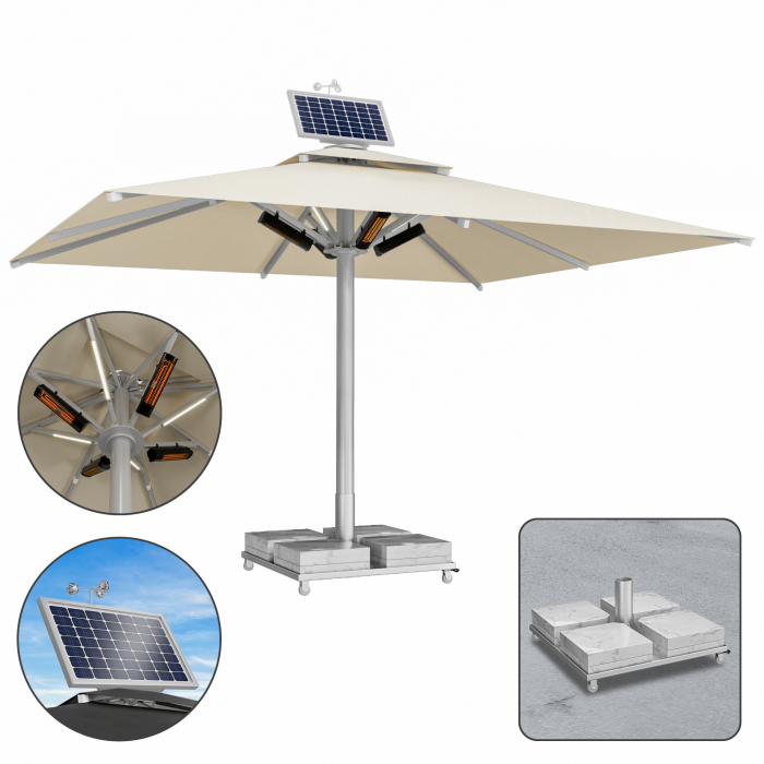 SUN LEON | Parasol Gastro Premium | B:T 500 x 600 cm | Taupe | LED + Chauffage 230V + Moteur + Socle en marbre 260 kg | Rectangulaire